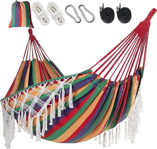 Bellzacasa Brazilian Double Camping Hammock, Portable Hammock Heavy Duty 500 lb Load Capacity Tassels and Fishtail Knitting with Carry Bag & Tree Straps for Patio Balcony Backyard, Red Stripes
