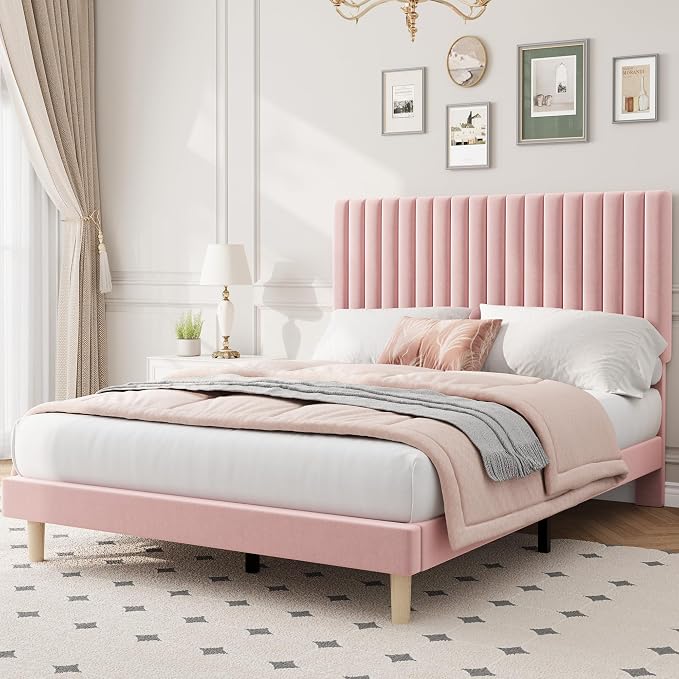 IDEALHOUSE Full Bed Frame with Adjustable Headboard, Velvet Upholstered Platform Bed Frame Full Size, Strong Wooden Slats, No Box Spring Needed, Easy Assembly, Pink