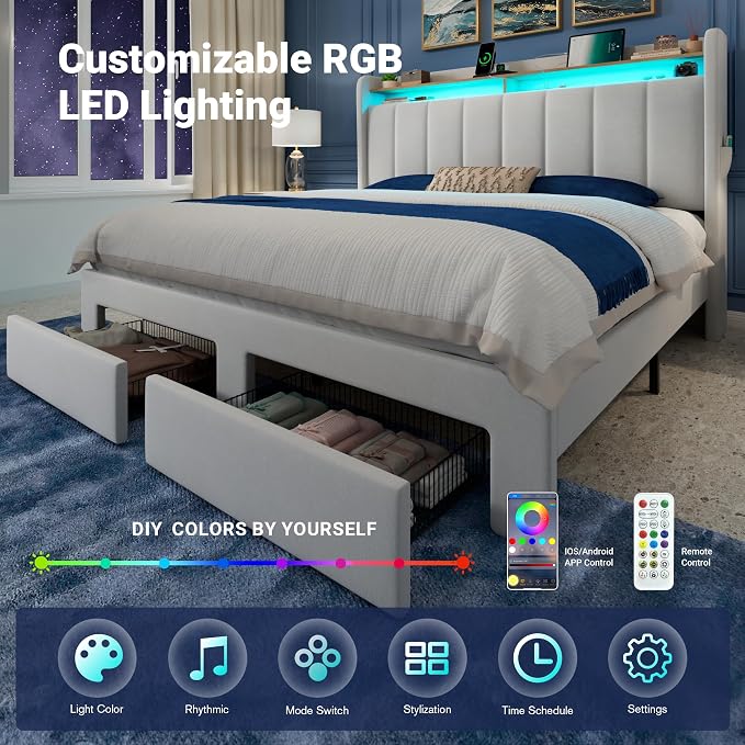 Allewie Velvet Vertical Tufted Queen Upholstered Platform Bed Frame with 2-Tier LED Storage Headboard & 2 Storage Drawers, USB & Type-C Charging Ports, Noise-Free/No Box Spring Needed, White