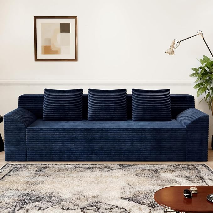 71" Corduroy Living Room Sofa, 3 Setaser Deep Seat Couch with 3 Lumbar Pillows, Comfy Boneless Sofa Modern Compressed Couch for Bedroom, Office, Apartment, No Assembly, Curved Armrests (Blue)