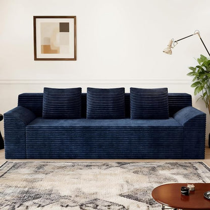 71" Corduroy Living Room Sofa, 3 Setaser Deep Seat Couch with 3 Lumbar Pillows, Comfy Boneless Sofa Modern Compressed Couch for Bedroom, Office, Apartment, No Assembly, Curved Armrests (Blue)