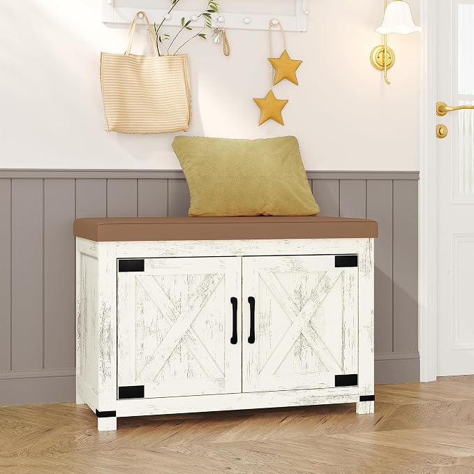 Hzuaneri Shoe Storage Bench, 2 Tier Shoe Bench with Padded Seat Cushion & 2 Barn Doors, Entryway Bench with Adjustable Shelf, Farmhouse Shoe Cabinet for Living Room, Bedroom, Antique White SB26214KA