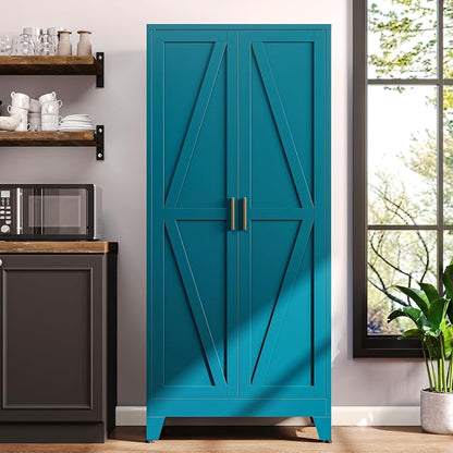 71" H Blue Metal Pantry Cabinet with Doors,Freestanding Kitchen Pantry Cabinet,Farmhouse Food Storage Cabinets,Tall and Large Pantry Cabinets for Kitchen, Dining Room, Living Room