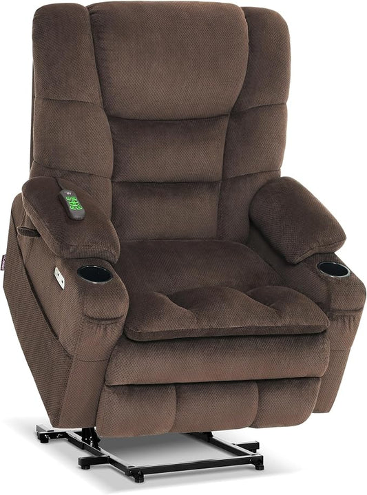 MCombo Big Man Power Lay Flat Lift Chair, Triple Motor Power Lift Recliner with Massage & Dual Heating, Adjustable Headrest, Fabric R7635 (Coffee, Large-Wide)