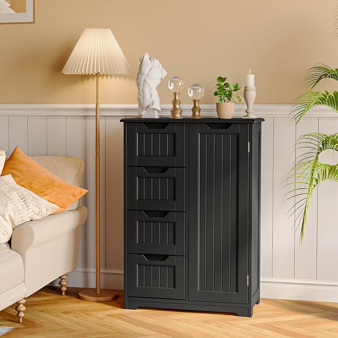 Gizoon Small Pantry Cabinet with Door and Shelves, 33'' Kitchen Pantry Cabinet Freestanding Wooden Bathroom Storage Cabinet with 4 Drawers for Kitchen and Dining Room, Black, Painted