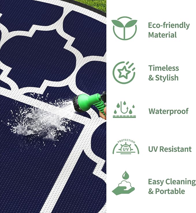 GENIMO 8' Round Outdoor Rug Waterproof for Patio Decor, Foldable Reversible Plastic Straw Area Rugs Mat for Rv, Outside Carpet for Camper, Deck, Picnic, Beach, Balcony, Camper, Blue & White