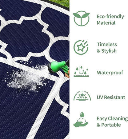 GENIMO 8' Round Outdoor Rug Waterproof for Patio Decor, Foldable Reversible Plastic Straw Area Rugs Mat for Rv, Outside Carpet for Camper, Deck, Picnic, Beach, Balcony, Camper, Blue & White