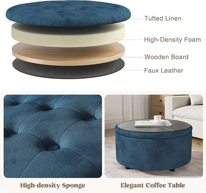 30 Inch Round Storage Ottoman,Modern Blue Tufted Ottomans,Circular Coffee Table with Removable Top,Upholstered Large Ottoman with Storage Footrest Stool for Bedroom Living Room (Blue)