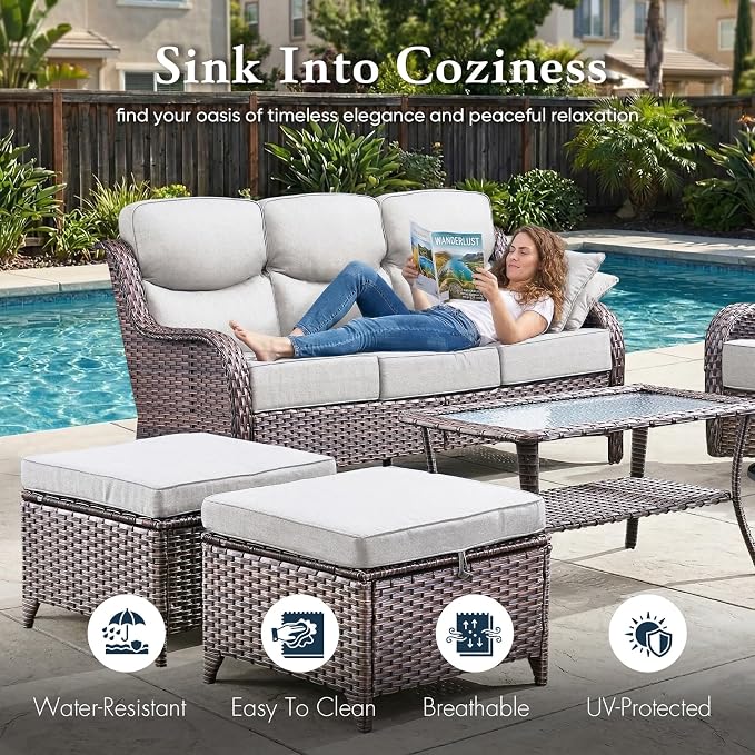 Belord Luxury 6" Thick Cushioned PE Wicker 3-Seater Outdoor Couch, All-Weather Comfortable Modern Patio Sofa, High Back Deep Seat Woven Outdoor Furniture for Porch Balcony, Lawn, Deck - BrownBeige