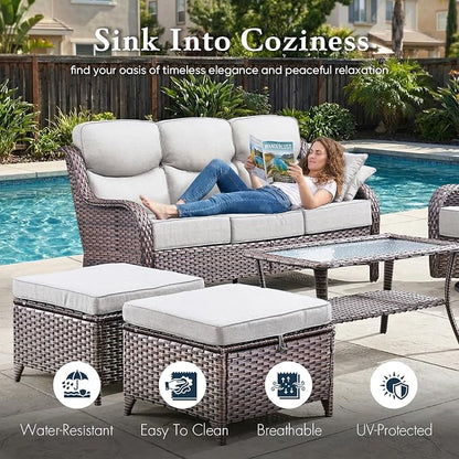 Belord Luxury 6" Thick Cushioned PE Wicker 3-Seater Outdoor Couch, All-Weather Comfortable Modern Patio Sofa, High Back Deep Seat Woven Outdoor Furniture for Porch Balcony, Lawn, Deck - BrownBeige