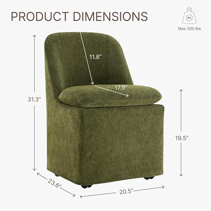 KISLOT Upholstered Dining Chairs Set of 2 with Hidden Casters, Modern Kitchen Chairs with Removable Washable Cover, Padded Dining Room Chairs with Chenille Velvet Fabric & Metal Frame, Green