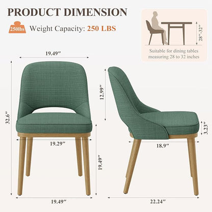 Modern Upholstered Dining Chairs Set of 2, Open Back with Solid Wood Legs, Ergonomic Curved Back Fabric Kitchen Chairs for Dining Room & Kitchen, Living Room Side Chairs, Farmhouse, Green