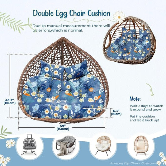 Double Egg Chair Cushion Replacement for Outdoor Patio Hanging Basket Egg Chairs, 59x43 Inch Thickened 100% Cotton Large Waterproof Double Eggs Swing Chair Cushions, Blue Peony