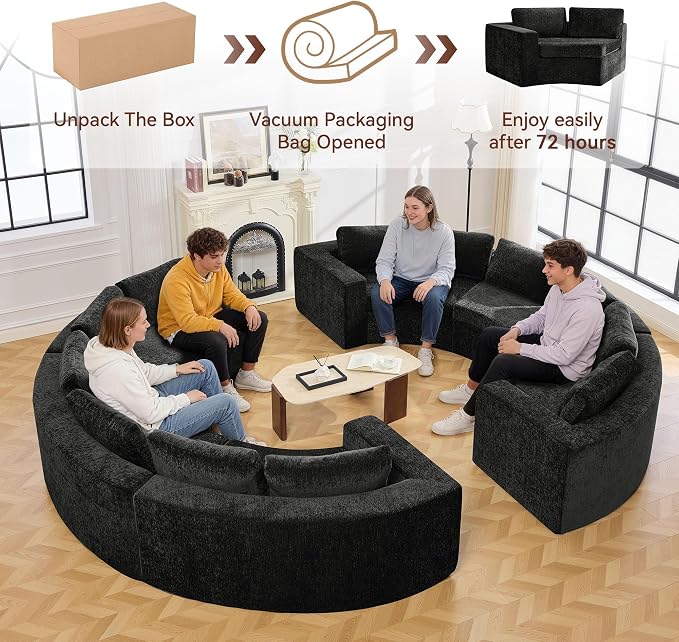 WUTUTUEE 142'' Curved Round Boneless Couch, Oversized Circular Sofa with Deep Seat & Arms, Chenille Modular Sectional Sofa with Pillows, Upholstered Comfy 12 Seat Couch for Living Room, Black