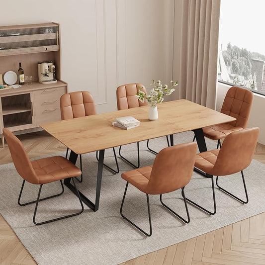ZckyCine 51‑67 Inch Expandable Dining Set with 6 PU Leather Chairs, Wooden Furniture for Small‑Size Homes