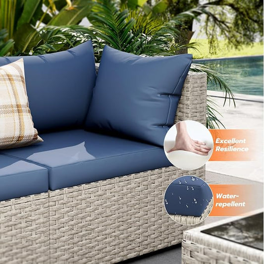 UDPATIO Outdoor Patio Furniture Set, 7 Pcs PE Wicker Sectional Sofa with Tea Table, Outdoor Conversation Set for Patio, Garden, Backyard (Blue Cushions with Light Grey Rattan)