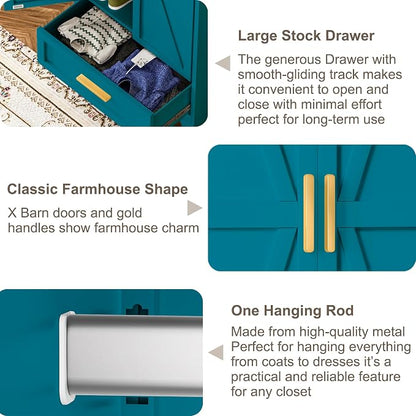 Baborokic Metal Wardrobe Cabinet,71 Armoire Wardrobe Closet with Drawers and Hanging Rod,Metal Armoire with Adjustable Shelves for Closet,Bedroom,Farmhouse Storage Cabinet with Drawer(Blue)