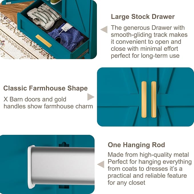 Baborokic Metal Wardrobe Cabinet with Hanging Rod, 71" Armoire Wardrobe Closet with 2 Drawers,Farmhouse Metal Clothing Storage Cabinets with Door and Adjustable Shelves for Bedroom,Laundry Room(Blue)