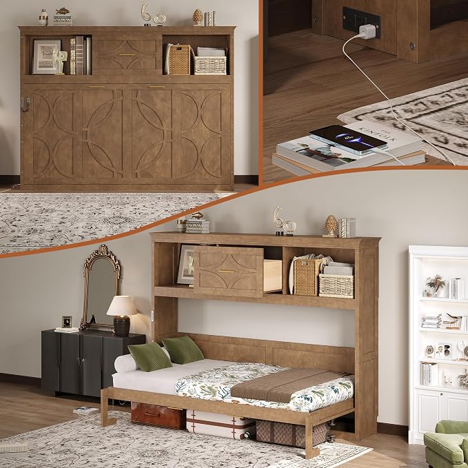MERITLINE Twin Horizontal Murphy Bed with Storage Bookcase Shelves & Drawer and Charging Station,Solid Wood Farmhouse Murphy Wall Bed with Storage, Slat Support (Natural Wood)