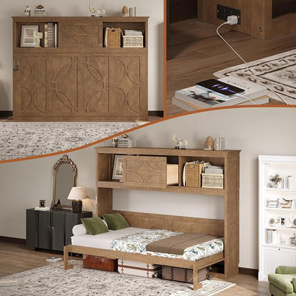 MERITLINE Twin Horizontal Murphy Bed with Storage Bookcase Shelves & Drawer and Charging Station,Solid Wood Farmhouse Murphy Wall Bed with Storage, Slat Support (Natural Wood)