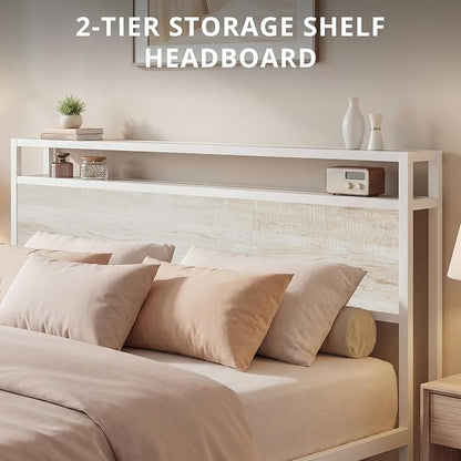 LIKIMIO Queen Bed Frame with Headboard, Wood Camas Queen with Strong Supports, Sturdy, Noise-Free, No Box Spring Needed, White Maple