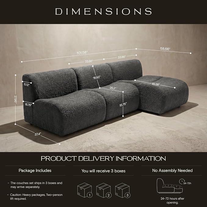 102" Curved Sectional Couch with Chaise Lounge, 3-Seat Reversible L-Shaped Sofa, Deep Seat Sherpa Boneless Modular Couches, Modern Curved Sofas for Living Room – No Assembly, Grey