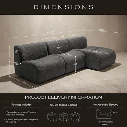 34" Curved Single Sofa Chair, Foam Boneless Sherpa Couch with Deep Seat, Comfy Teddy Sofas for Living Room, Bedroom, Apartment, Modern Sectional Modular Couches – No Assembly, Grey