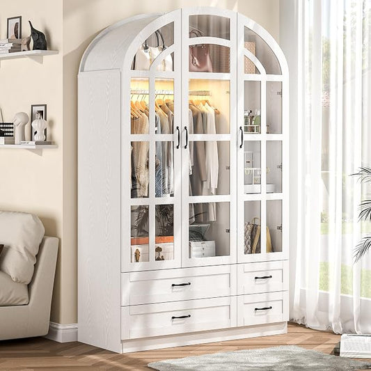 Squireewo 78" Arched Armoire Wardrobe Closet with Motion Sensor LED Light, 3 Windowpane Glass Doors & 4 Drawers, Large Wood Bedroom Storage Cabinet, Clothing Organizer with Hanging Rod, White