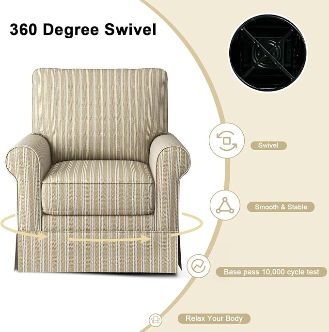 INZOY Swivel Accent Chair Linen Mid Century Modern Chair, Comfy Swivel Barrel Reading Chair, Upholstered Square Chair for Living Room Bedroom Small Spaces, Fully Assembled, Brown Stripe