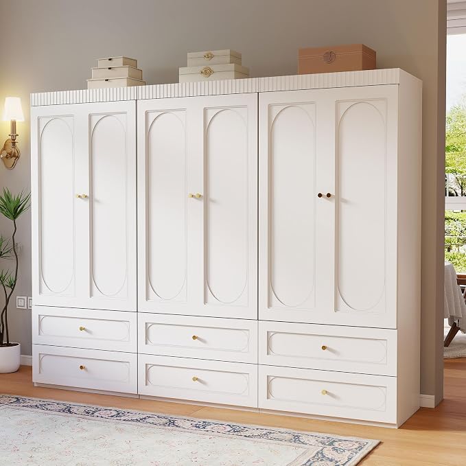 Wooden Wardrobe Closet with Doors: 75" Tall White Armoire Wardrobe Closet with 6 Drawers and 6 Doors, Modern Clothes Cabinets for Bedroom Armoires with Hanging Rod (6-Drawers, 94.5")