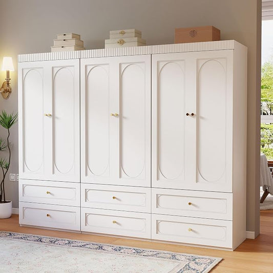 Wooden Wardrobe Closet with Doors: 75" Tall White Armoire Wardrobe Closet with 6 Drawers and 6 Doors, Modern Clothes Cabinets for Bedroom Armoires with Hanging Rod (6-Drawers, 94.5")