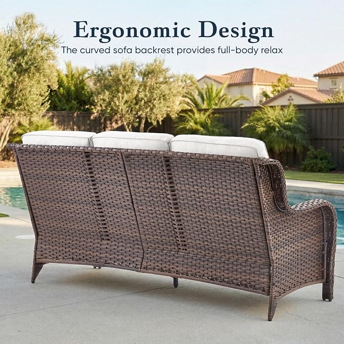 Belord Luxury 6" Thick Cushioned PE Wicker 3-Seater Outdoor Couch, All-Weather Comfortable Modern Patio Sofa, High Back Deep Seat Woven Outdoor Furniture for Porch Balcony, Lawn, Deck - BrownBeige