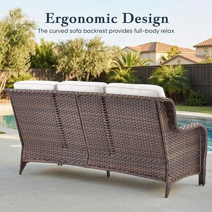 Belord Luxury 6" Thick Cushioned PE Wicker 3-Seater Outdoor Couch, All-Weather Comfortable Modern Patio Sofa, High Back Deep Seat Woven Outdoor Furniture for Porch Balcony, Lawn, Deck - BrownBeige