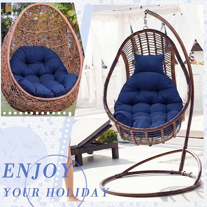 Tudomro Waterproof Egg Chair Cushion with Pillow Filling 2.58 kg Replacement Rocking Wicker Chair Cushion 48" x 32" High Back Hanging Swing Hammock Pad Thicken for Outdoor Patio Garden(Navy Blue)