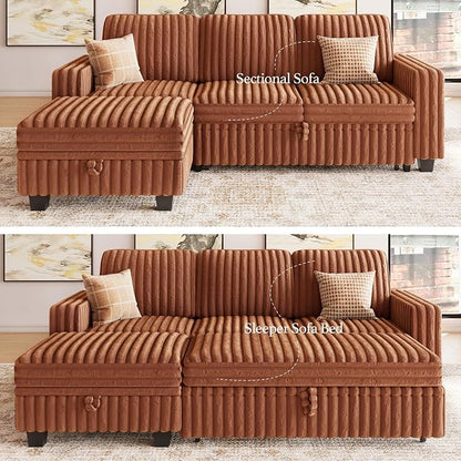 Belffin Corduroy Modular Sectional Sleeper Sofa with Pull Out Bed Small Sectional Couches with Storage for Living Room Apartment Couch. Brick-red Couch