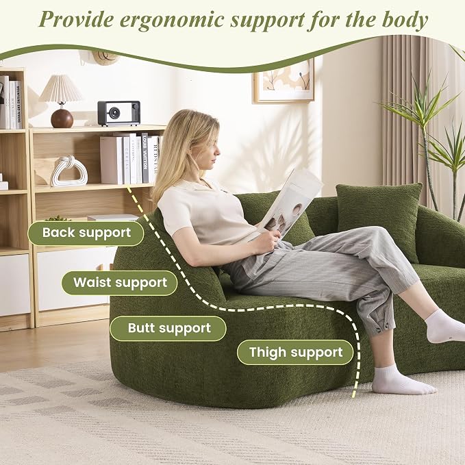 66" Curved Loveseat Sofa for Small Space, Boneless Chenille Boucle Cloud Couch, Luxury Extra High Back & Deep Seat, Oversized Comfort with No Assembly Required for Office, Dorm (Green)