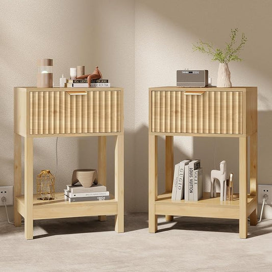 Nasonet Night Stand Set 2, Fluted Nightstand with Charging Station, Wood Bedside Table with Drawer & Storage Shelf, Modern End Tables for Bedroom Sofa Couch Office, Natural Oak