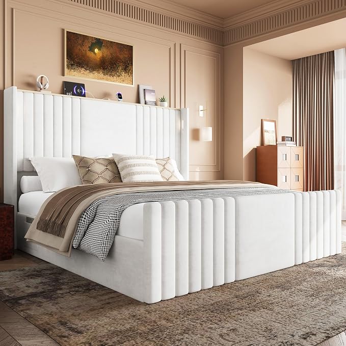 King Size Bed Frame with 55.1" Tall Headboard, Velvet Upholstered Platform Bed with Channel Tufted Wingback, 2 Reading Lights/Storage Shelf/Charging Station/Easy Assembly/Noise-Free, Cream