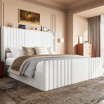 King Size Bed Frame with 55.1" Tall Headboard, Velvet Upholstered Platform Bed with Channel Tufted Wingback, 2 Reading Lights/Storage Shelf/Charging Station/Easy Assembly/Noise-Free, Cream