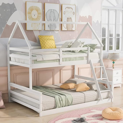 Merax House Floor Bunk Bed with Ladder Twin Over Full,Wood Low Bunk Bed with Full-Length Gardrail, Space-Saving,No Box Spring Needed White