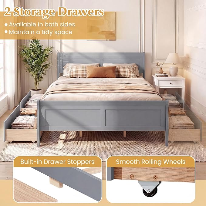 Giantex Queen Bed Frame with 2 Storage Drawers, Wood Platform Bed w/Headboard & Footboard, Wooden Slats Support Mattress Foundation, Sleigh Bedframe for Teens Adults, No Box Spring Needed (Grey)