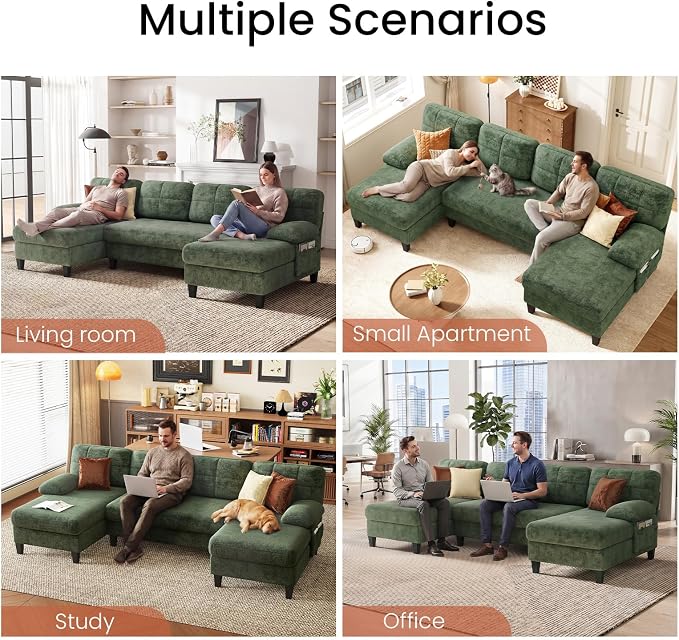 KKL U-Shaped Sectional Couch for Living Room | 112" Sectional Sofa with Double Chaise, Modern Sofa Deep Seat Couches for Living Room, Apartment, Office, Green