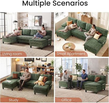 KKL U-Shaped Sectional Couch for Living Room | 112" Sectional Sofa with Double Chaise, Modern Sofa Deep Seat Couches for Living Room, Apartment, Office, Green