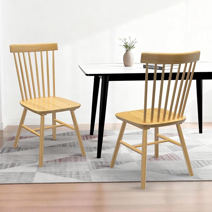 AreShark Windsor Dining Chairs, Farmhouse Wooden Dining Room Chairs, Solid Wood Kitchen Chairs with Spindle Back Set of 4, Natural Wood