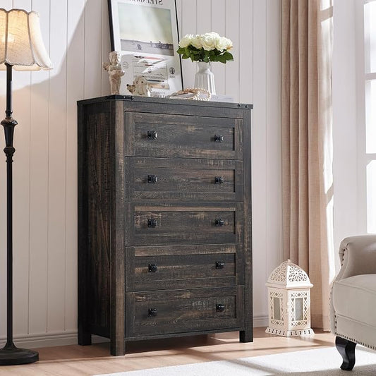 T4TREAM 48" Tall Farmhouse 5-Drawer Dresser for Bedroom, Dark Rustic Oak | Rustic chests of drawers, Wood Storage Cabinet, Metal Handle, Unique Corner Accent, Bedroom, Living Room, Hallway