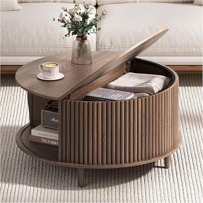 Round Coffee Table with Storage, 31.5" Mid Century Modern Coffee Table with Sliding Door & Solid Wood Legs, Minimalist Fluted Center Table for Living Room, Home Small Space, Walnut