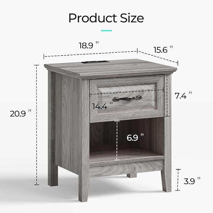 LINSY Night Stand 18.9" Farmhouse Wood Night Stand with Type-C Charging Station Open Storage Shelf Nightstands with Drawer Side Table End Table for Bedroom Living Room Sofa Couch Office Grey