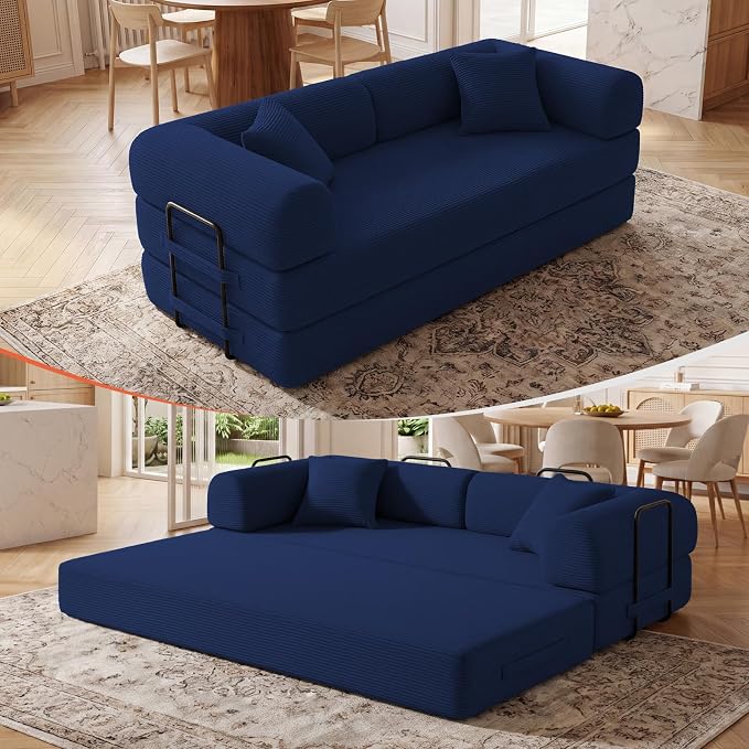 79" Convertible Sleeper Sofa Bed, Corduroy Boneless Fold-Out Couch in a Box, 4-in-1 Loveseat/Futon Couch, High-Density Foam, No Assembly, Side Pockets, 2 Pillows for Small Spaces, Blue