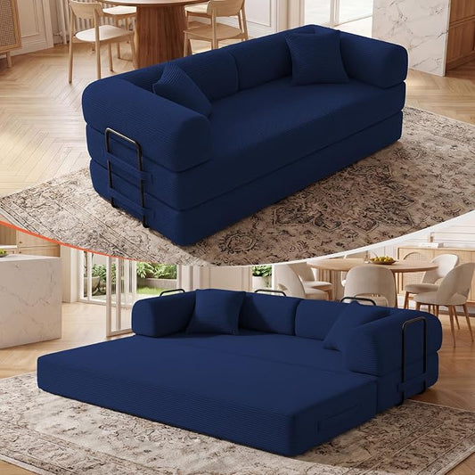 79" Convertible Sleeper Sofa Bed, Corduroy Boneless Fold-Out Couch in a Box, 4-in-1 Loveseat/Futon Couch, High-Density Foam, No Assembly, Side Pockets, 2 Pillows for Small Spaces, Blue