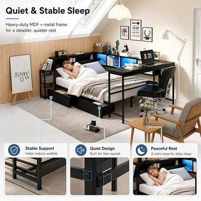 Bellemave Full Size Corner Bed Frame with Storage Bookcase & 2 Drawers, Modern Metal Full Daybed with LED Lights & Charging Station, Reversible Full Corner Bed with Desk for Space-Saving, Black